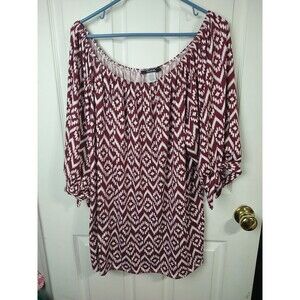 Arabella Woman 3X Blouse Boat Neck Burgundy White Chevron/Diamond S/S Tie Accent